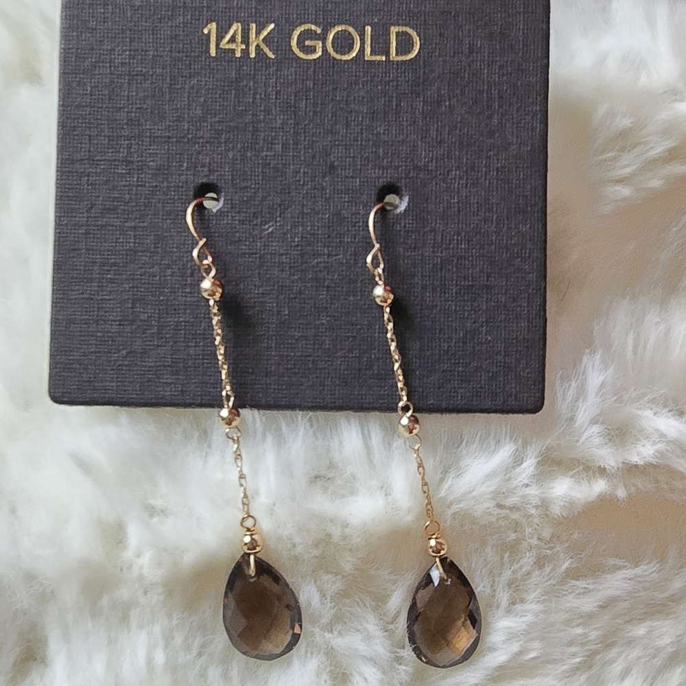 Elegant 14K Gold Drop Earrings with Smoky Quartz